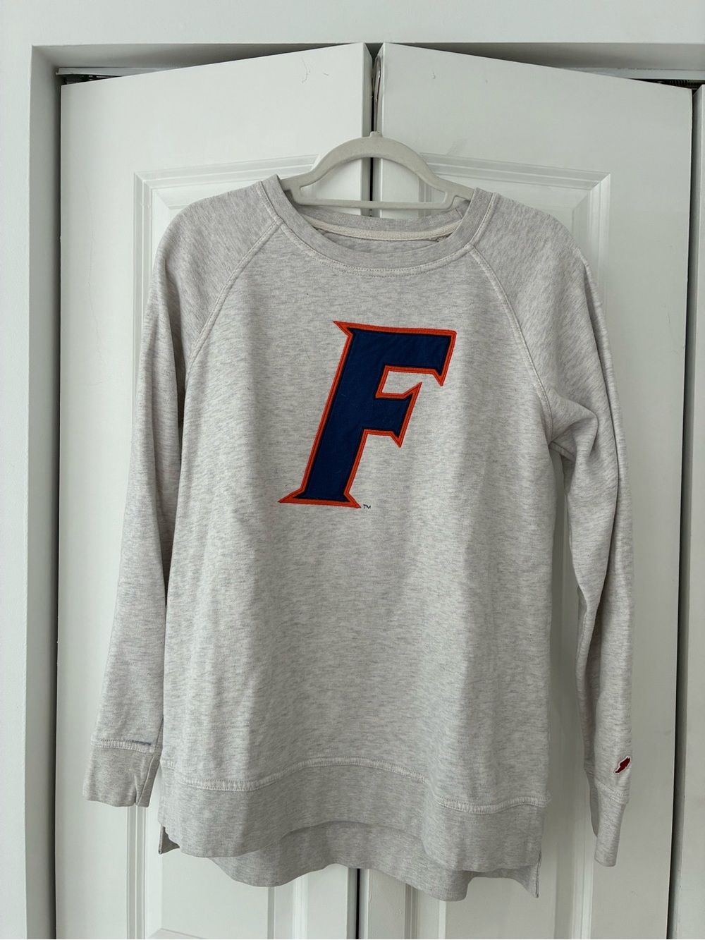 League Heather Gray Crewneck with Navy and Orange 'F' Logo